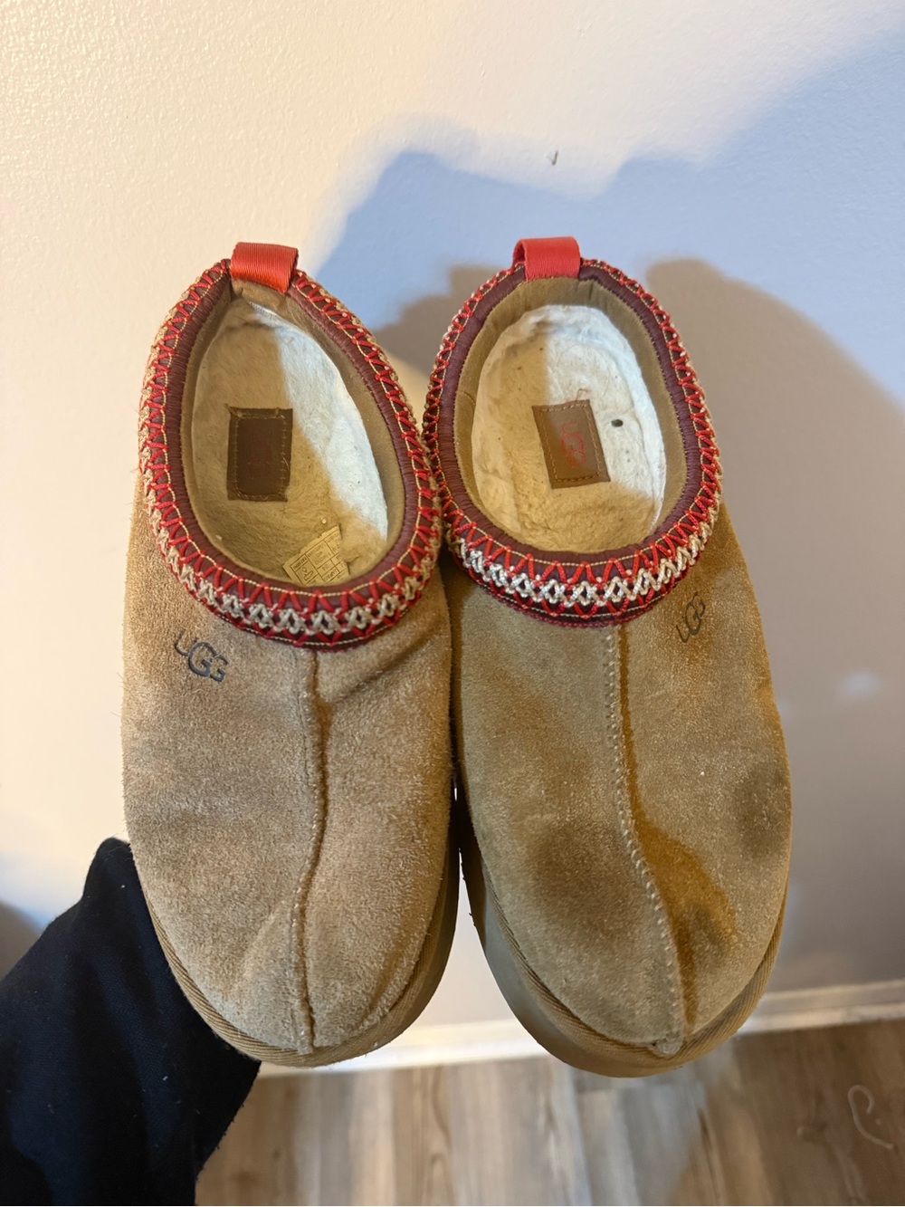 UGG Kids Chestnut Suede Slip-Ons with Red Trim